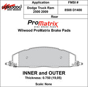 Wilwood ProMatrix rear brake pad inner and outer profile drawing for the D1400 pattern