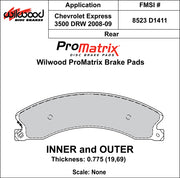 Wilwood ProMatrix front and rear brake pad inner and outer profile drawing for the D1411 pattern