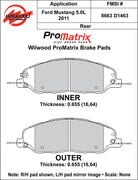 Wilwood D1463 brake pad dimensional drawing with a conflicting rear caption; verify the application