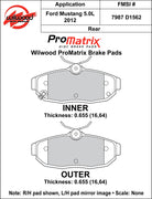 Wilwood D1562 pad-profile drawing with backing-plate dimensions