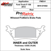 Wilwood ProMatrix rear brake pad inner and outer profile drawing for the D1602 pattern