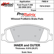 Wilwood ProMatrix front brake pad inner and outer profile drawing for the D1631 pattern