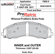 Wilwood ProMatrix front and rear brake pad inner and outer profile drawing for the D2018 pattern