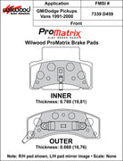 Wilwood ProMatrix front brake pad inner and outer profile drawing for the D459 pattern