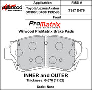 Wilwood ProMatrix front brake pad inner and outer profile drawing for the D476 pattern