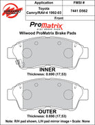Wilwood ProMatrix front brake pad inner and outer profile drawing for the D562 pattern