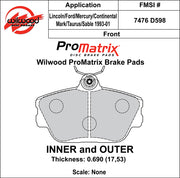Wilwood ProMatrix front brake pad inner and outer profile drawing for the D598 pattern