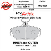 Wilwood ProMatrix front brake pad inner and outer profile drawing for the D601 pattern