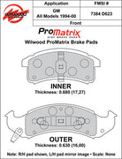 Wilwood D623 pad-profile drawing with separate inner and outer dimensions