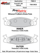 Wilwood ProMatrix front brake pad inner and outer profile drawing for the D632 pattern
