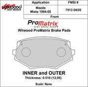 Wilwood ProMatrix front brake pad inner and outer profile drawing for the D635 pattern
