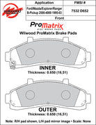 Wilwood ProMatrix front brake pad inner and outer profile drawing for the D652 pattern