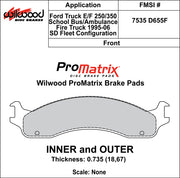 Wilwood ProMatrix front brake pad inner and outer profile drawing for the D655F pattern
