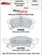 Wilwood ProMatrix front brake pad inner and outer profile drawing for the D673 pattern
