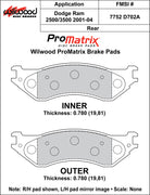 Wilwood ProMatrix rear brake pad inner and outer profile drawing for the D702A pattern