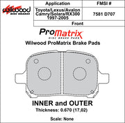 Wilwood ProMatrix front brake pad inner and outer profile drawing for the D707 pattern