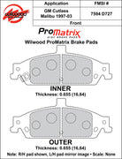 Wilwood ProMatrix front brake pad inner and outer profile drawing for the D727 pattern
