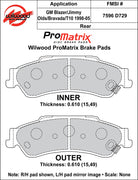 Wilwood ProMatrix rear brake pad inner and outer profile drawing for the D729 pattern