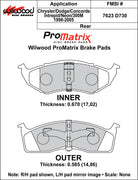 Wilwood D730 brake pad dimensional drawing with a conflicting rear caption; verify the application