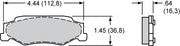 Wilwood Corvette/XLR brake pad outline with face and thickness dimensions