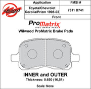 Wilwood ProMatrix front brake pad inner and outer profile drawing for the D741 pattern