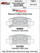 Wilwood ProMatrix rear brake pad inner and outer profile drawing for the D770 pattern