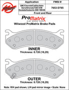 Wilwood D785 front or rear pad-profile drawing with backing-plate dimensions