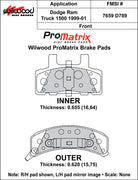 Wilwood ProMatrix front brake pad inner and outer profile drawing for the D789 pattern