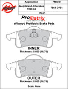 Wilwood ProMatrix rear brake pad inner and outer profile drawing for the D791 pattern
