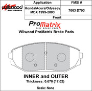 Wilwood ProMatrix front brake pad inner and outer profile drawing for the D793 pattern