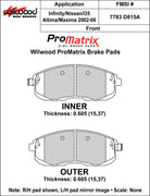 Wilwood ProMatrix front brake pad inner and outer profile drawing for the D815A pattern