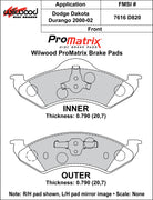 Wilwood ProMatrix front brake pad inner and outer profile drawing for the D820 pattern