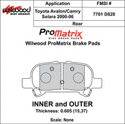 Wilwood ProMatrix rear brake pad inner and outer profile drawing for the D828 pattern
