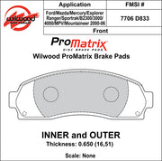 Wilwood ProMatrix front brake pad inner and outer profile drawing for the D833 pattern