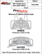 Wilwood ProMatrix front brake pad inner and outer profile drawing for the D845 pattern