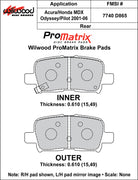 Wilwood ProMatrix rear brake pad inner and outer profile drawing for the D865 pattern