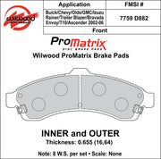Wilwood ProMatrix front brake pad inner and outer profile drawing for the D882 pattern