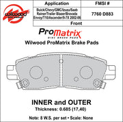 Wilwood D883 brake pad dimensional drawing with a conflicting front caption; verify the application