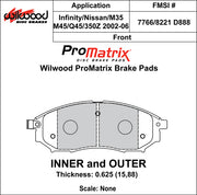 Wilwood ProMatrix front brake pad inner and outer profile drawing for the D888 pattern