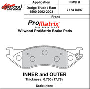 Wilwood ProMatrix front brake pad inner and outer profile drawing for the D897 pattern