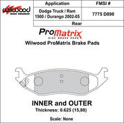 Wilwood ProMatrix rear brake pad inner and outer profile drawing for the D898 pattern