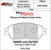 Wilwood D906A brake pad dimensional drawing with a conflicting rear caption; verify the application