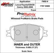 Wilwood ProMatrix front brake pad inner and outer profile drawing for the D908 pattern