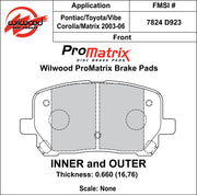 Wilwood ProMatrix front brake pad inner and outer profile drawing for the D923 pattern