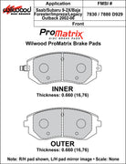 Wilwood ProMatrix front brake pad inner and outer profile drawing for the D929 pattern