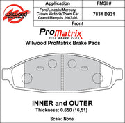Wilwood ProMatrix front brake pad inner and outer profile drawing for the D931 pattern