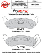 Wilwood ProMatrix rear brake pad inner and outer profile drawing for the D932 pattern