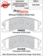 Wilwood ProMatrix front brake pad inner and outer profile drawing for the D945 pattern