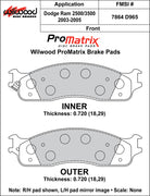Wilwood ProMatrix front brake pad inner and outer profile drawing for the D965 pattern