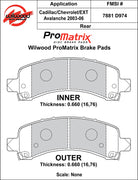 Wilwood ProMatrix rear brake pad inner and outer profile drawing for the D974 pattern
